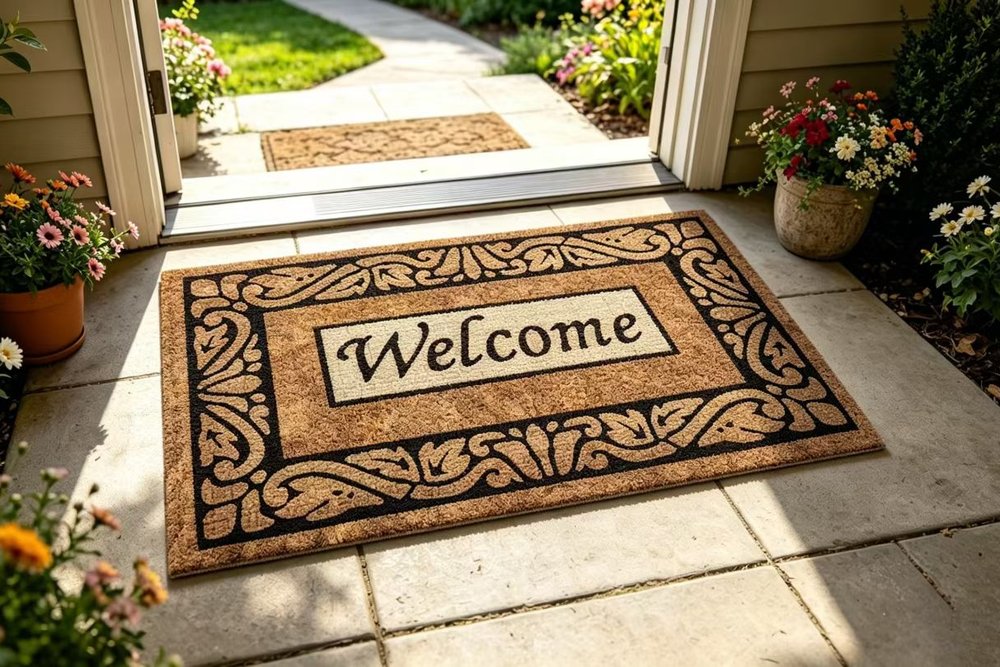 Black doormat at a front door